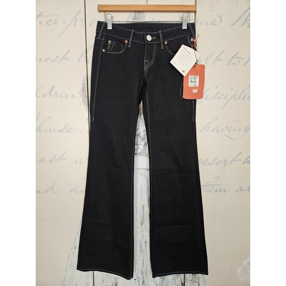 True Religion Stealth Chloe Super Vixen Black Contrast Stitch Flare Jeans NWT 25